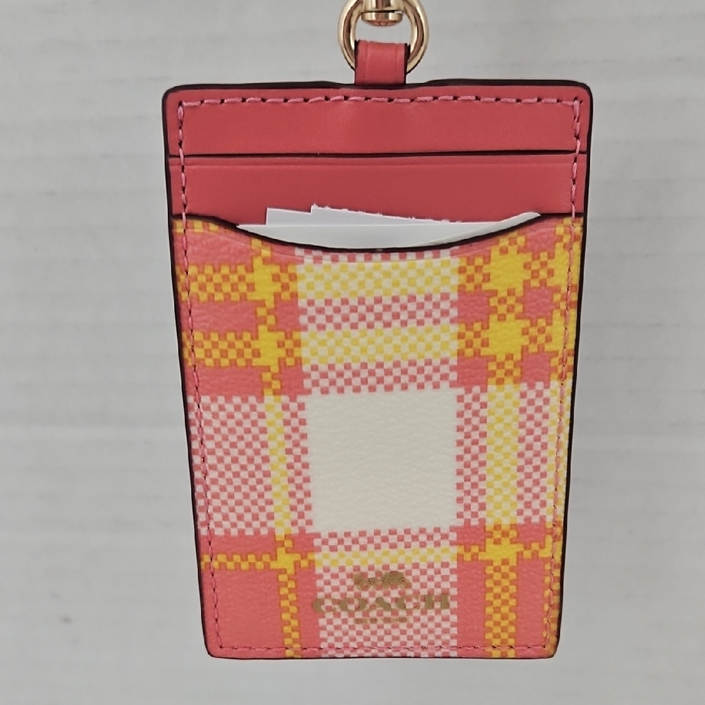 Coach | NWT Women's Garden Plaid Pink Yellow Gold Hardware ID Key Card Lanyard